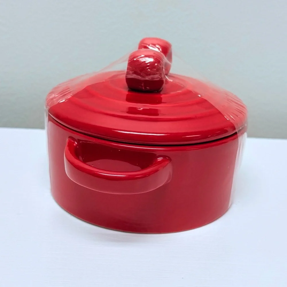 New! Mini Red Ceramic Cocotte by Makery with Bow on Lid